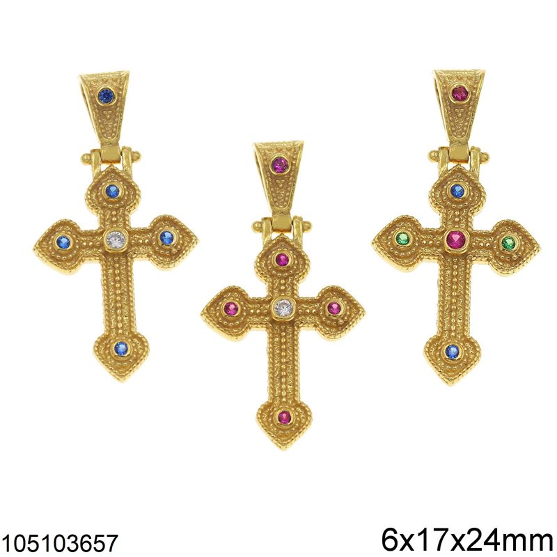 Silver 925 Pendant Byzantine Cross with Zircon 6x17x24mm