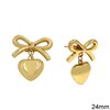 Stainless Steel Stud Earrings Bow with Hanging Heart 24mm