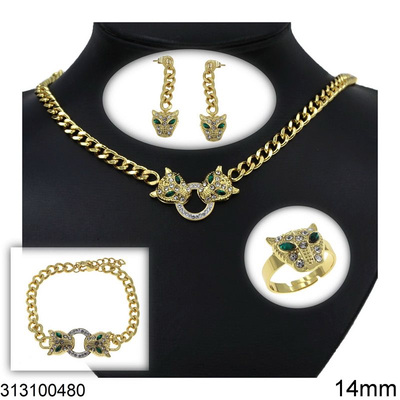 Stainless Steel Set of Necklace, Bracelet, Ring and Earrings Gourmet Chain Panthers with Stones 14mm