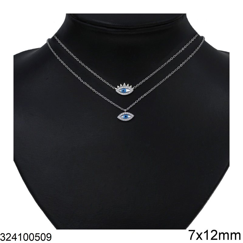Stainless Steel Necklace Evil Eye with Shell and Rhinestones 7x12mm