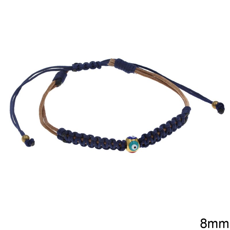 Leather Cord Bracelet with Macrame Cord and Enameled Evil Eye Bead 8mm