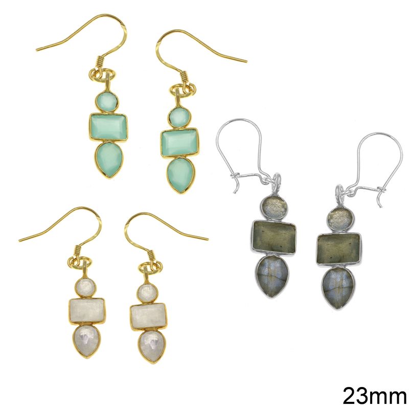 Silver 925 Hook Earrings Motif with Semi Precious Stones 23mm