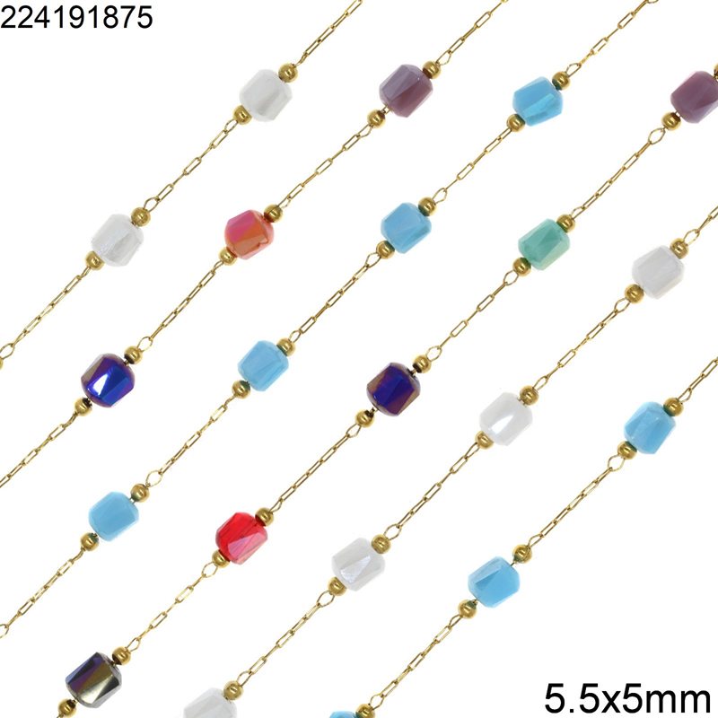 Stainless Steel Chain with Glass Faceted Tube Bead 5.5x5mm