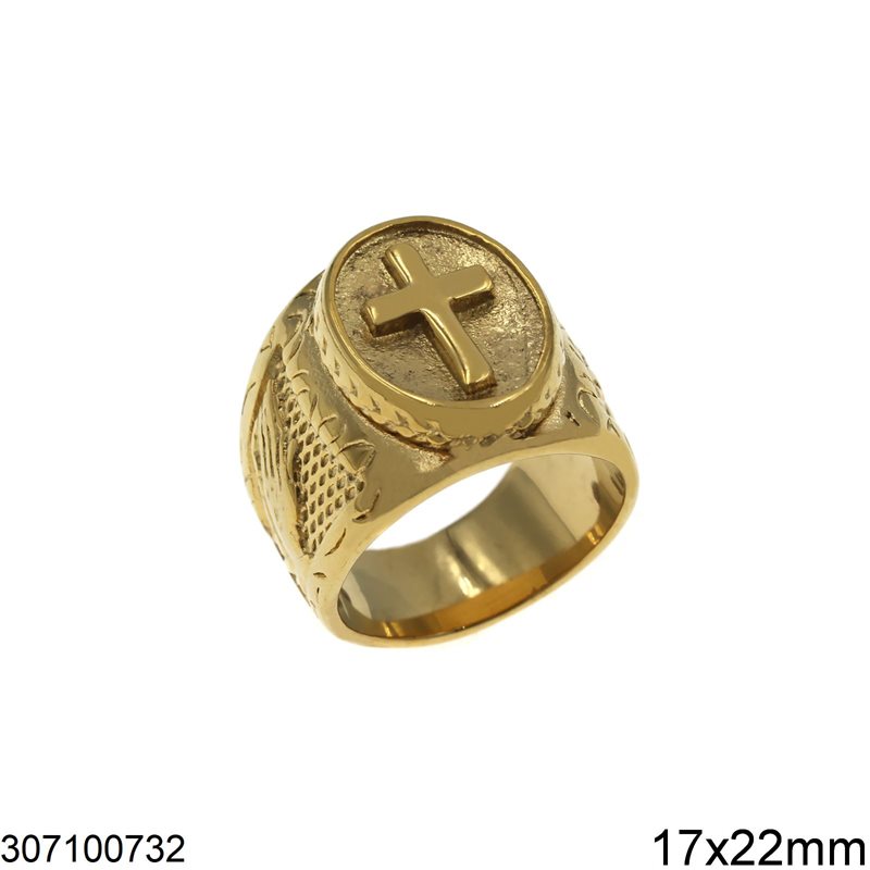 Stainless Steel Male Ring Oval Plate with Cross 17x22mm