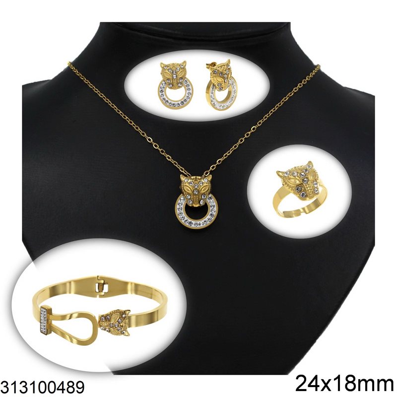 Stainless Steel Set of Necklace, Earrings Panther with Shamballa 24mm, Bracelet and Ring with Stones