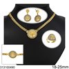 Stainless Steel Set of Necklace, Bracelet 25mm, Ring and Earrings 18mm Disk with Tree of Life, Gold