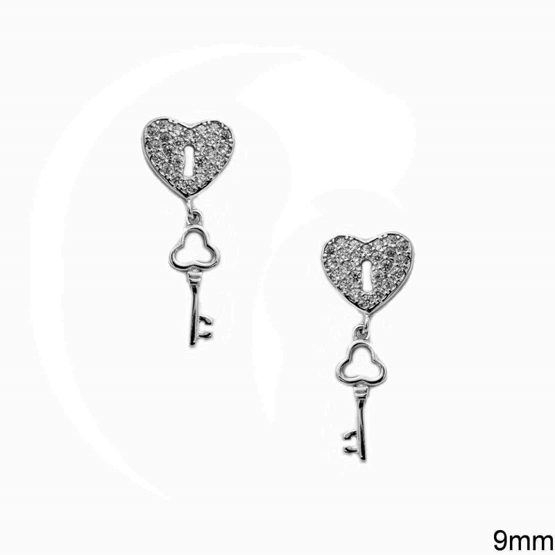 Σκουλαρίκια Ασημένια  925 Καρδιά Κλειδαριά & Κλειδί 9mm