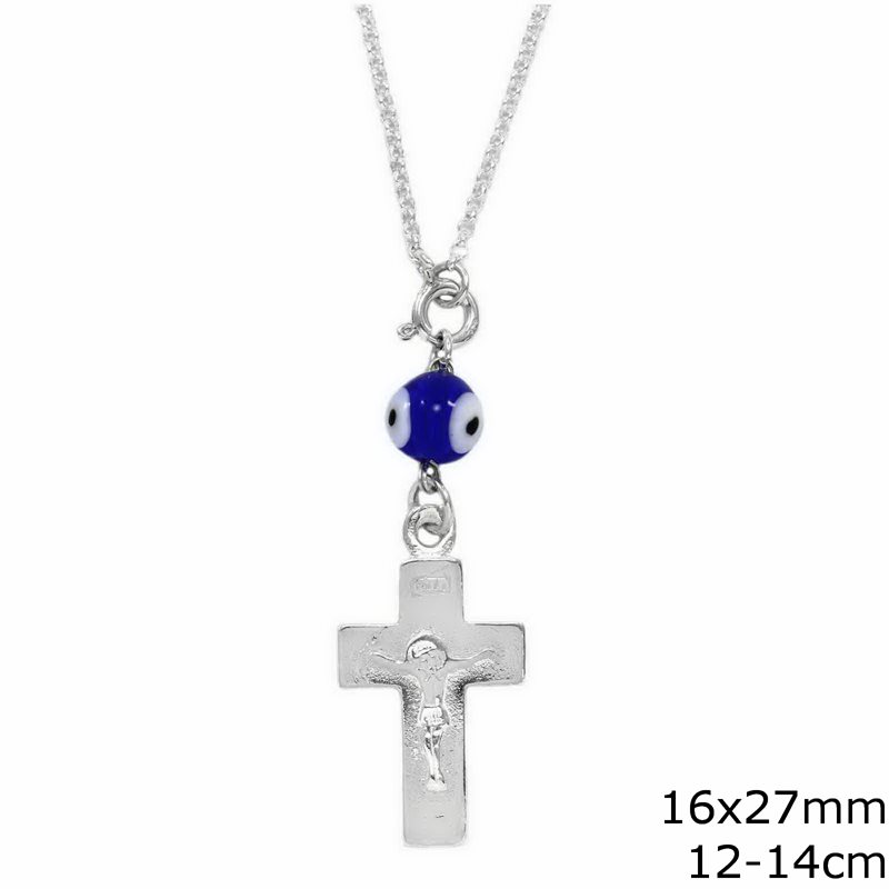 Silver 925 Car Amulet  Cross with Jesus Christ and Evil Eye 16x27mm, 12-14cm