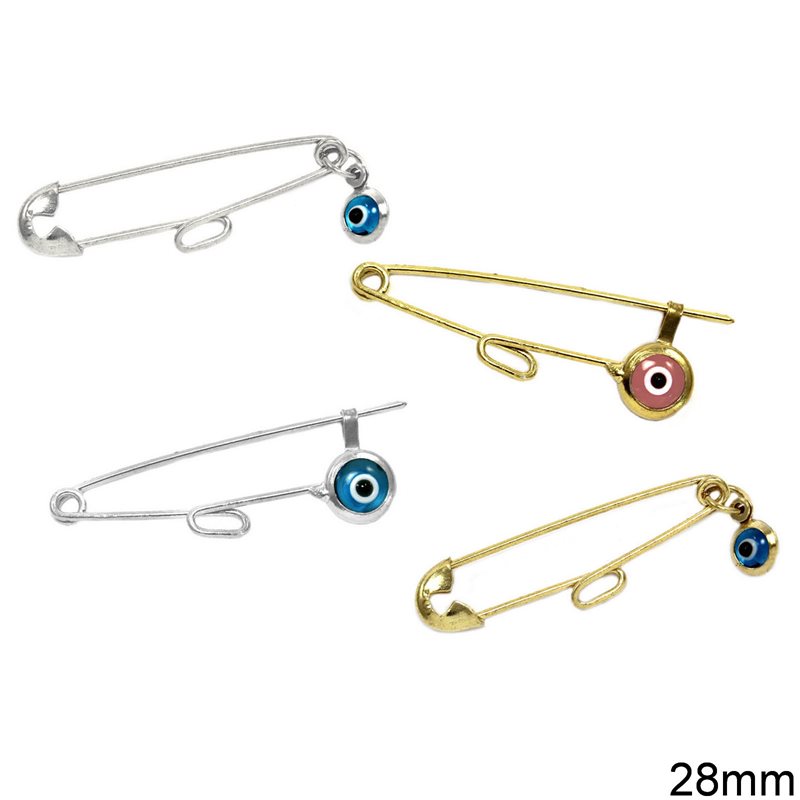 Silver 925 Safety Pin with Evil Eye 28mm