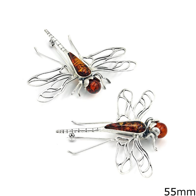 Silver 925 Brooch Dragon Fly with Amber 55mm