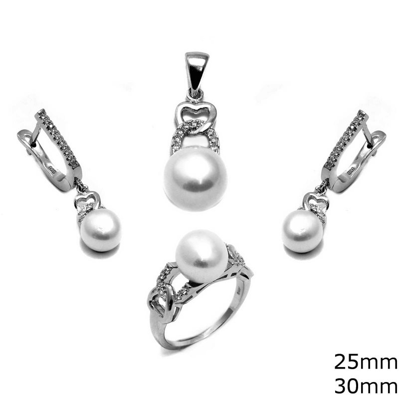 Silver 925 Set Earrings Pendant Ring with Pearl 9mm