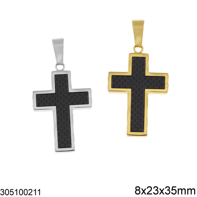 Stainless Steel Pendant Cross with Black Checkered Pattern 8x23x35mm