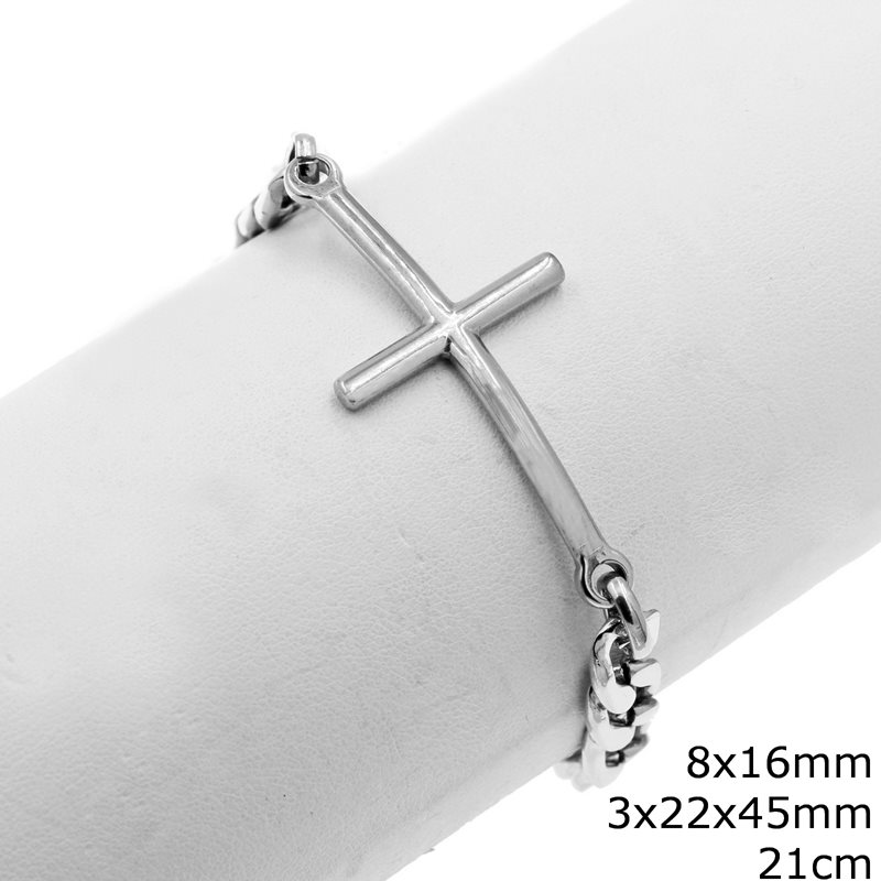 Stainless Steel Bracelet with Figaro Chain 8x16mm and Cross 3x22x45mm, 21cm