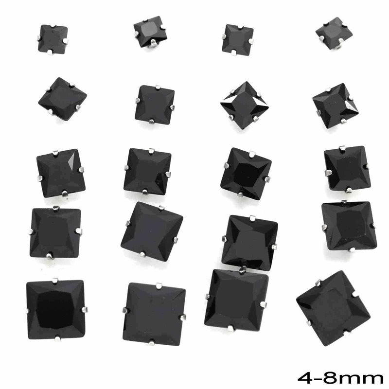 Σκουλαρίκια Ατσάλινα  Μονόπετρα Τετράγωνα 4 - 8mm, Μαύρο