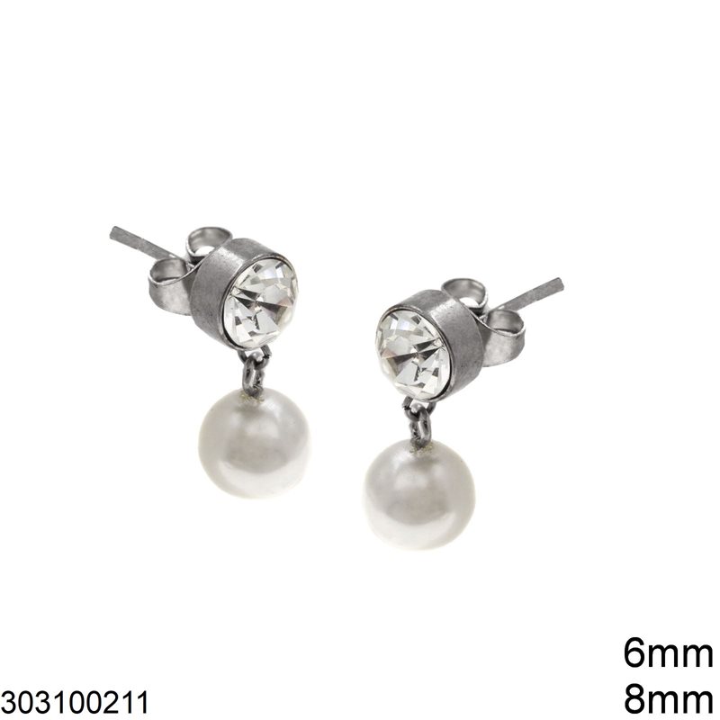 Stainless Steel Stud Earrings with Strass 6mm and Pearl 8mm