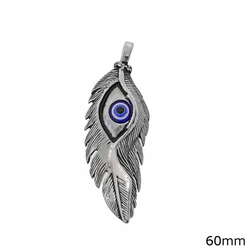 Stainless Steel Pendant Feather with Evil Eye 60mm