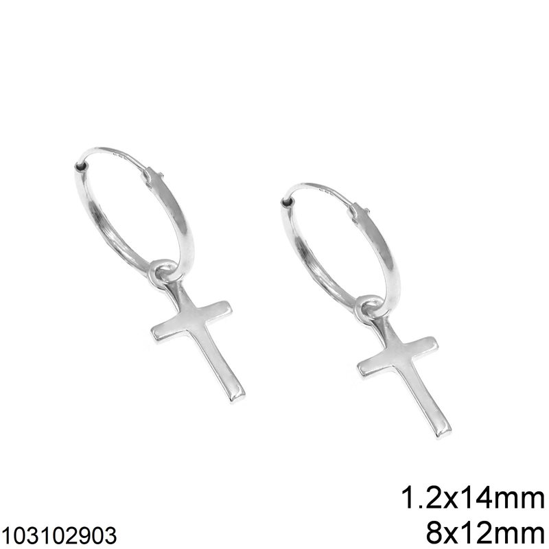 Silver 925 Hoop Earrings 1.2x14mm with Hanging Cross 8x12mm