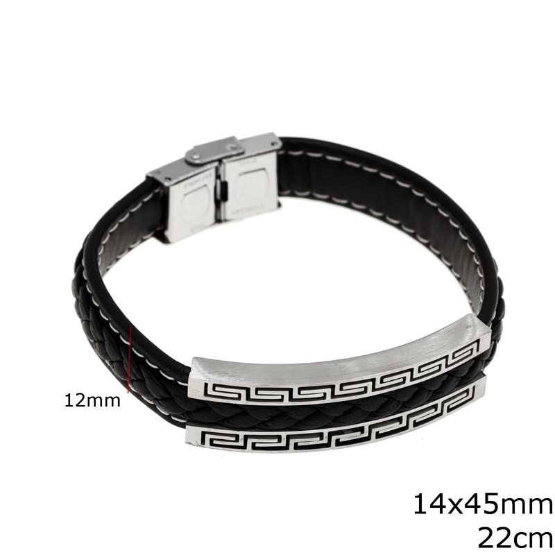 Stainless Steel Bracelet with Meander 14x45mm and Braided Leather 12mm, 22cm