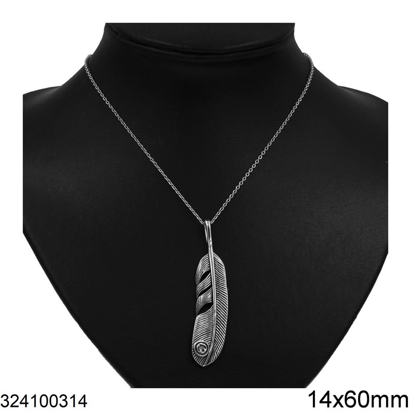Stainless Steel Neckalce Feather 14x60mm, Oxidised
