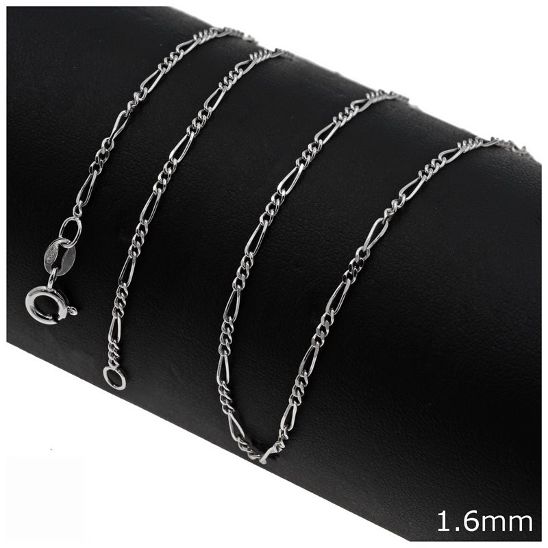 Silver 925 Figaro Chain 1.6mm Rhodium Plated