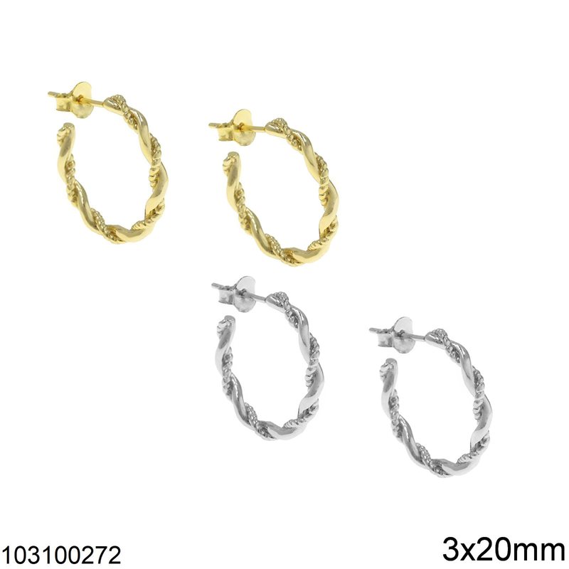 Silver 925 Braided Stud Earrings Hoop 3x20mm