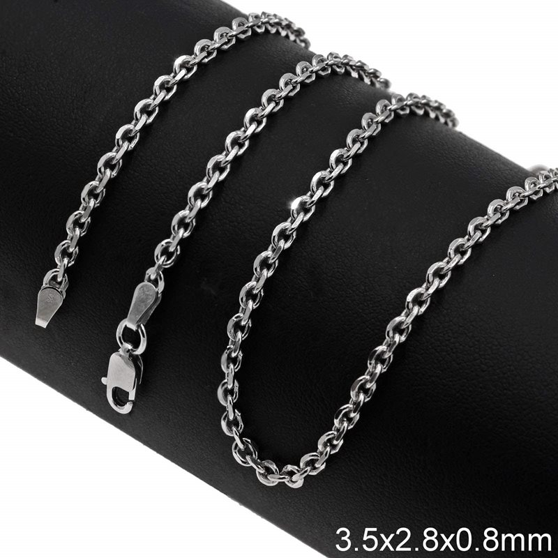 Silver 925  Diamond Cut Oval Link Chain Rhodium Plated 3.5x2.8x0.8mm