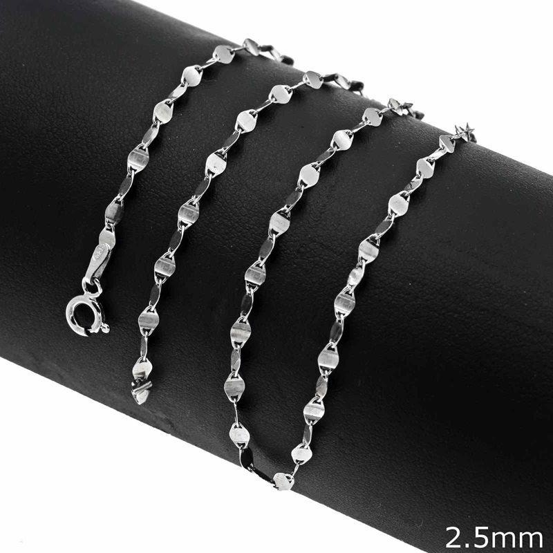 Silver 925 Wavy Flat Oval Chain Rhodium Plated 2.5mm