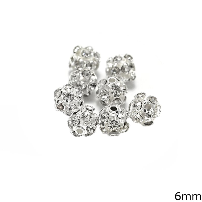 Brass Bead with Crystal Rhinestones 6mm, Silver plated