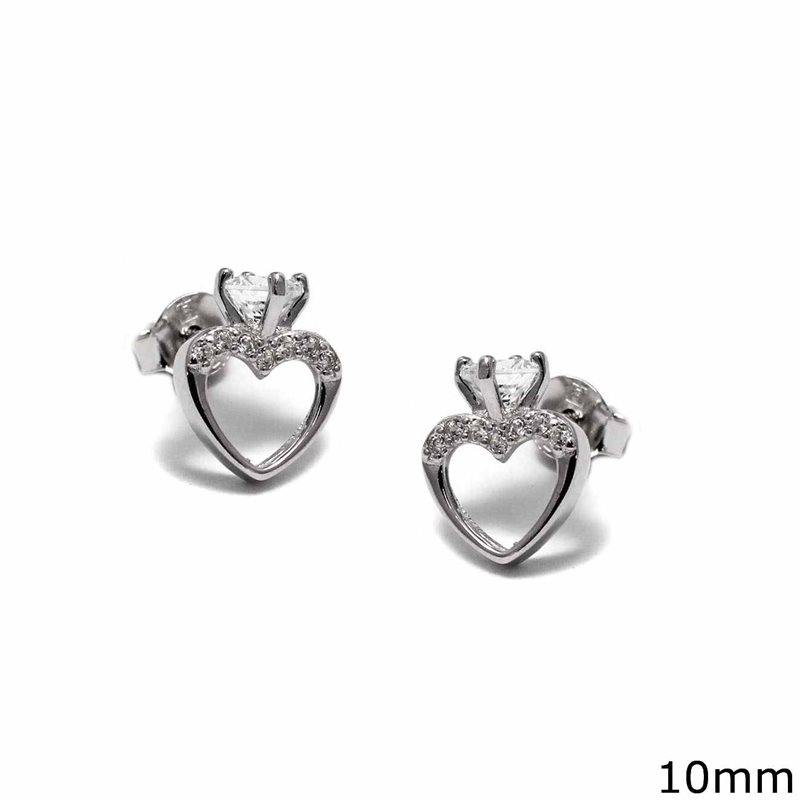 Silver 925 Earrings Heart with zircon on top 10mm