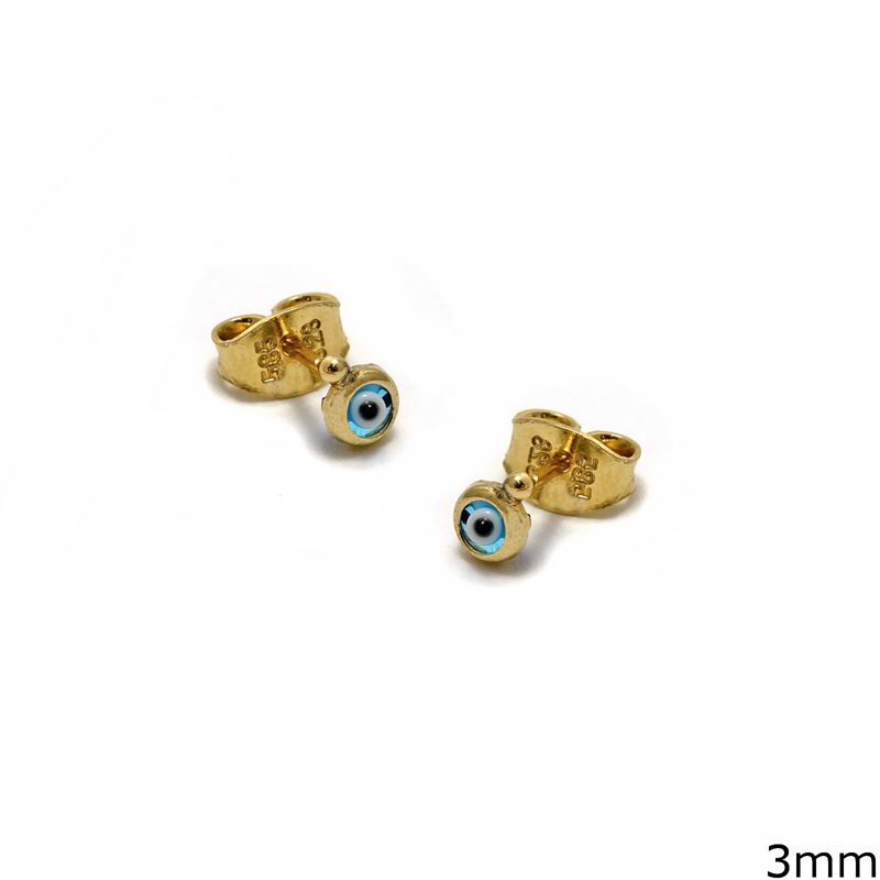 Gold Stud Earrings with Evil Eye 3mm K14 0.75gr