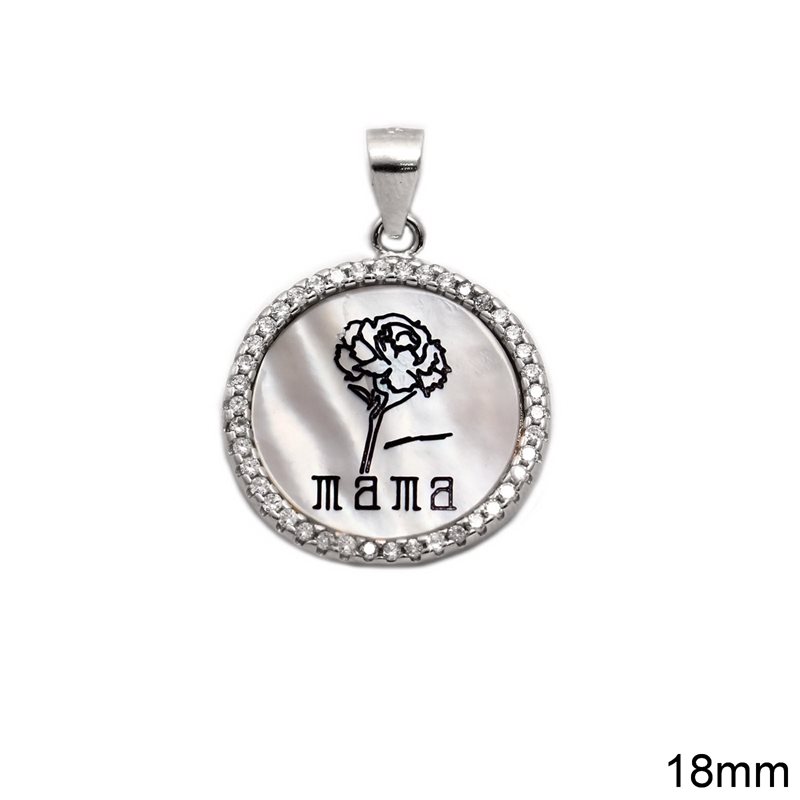 Silver 925 Round Pendant with 'mama' on MOP-Shell and Zircon18mm
