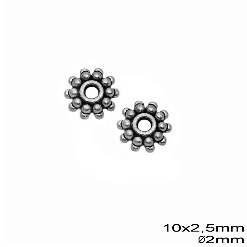 Casting Rondelle with Balls 10x2.5mm and 2mm hole, Antique silver plated
