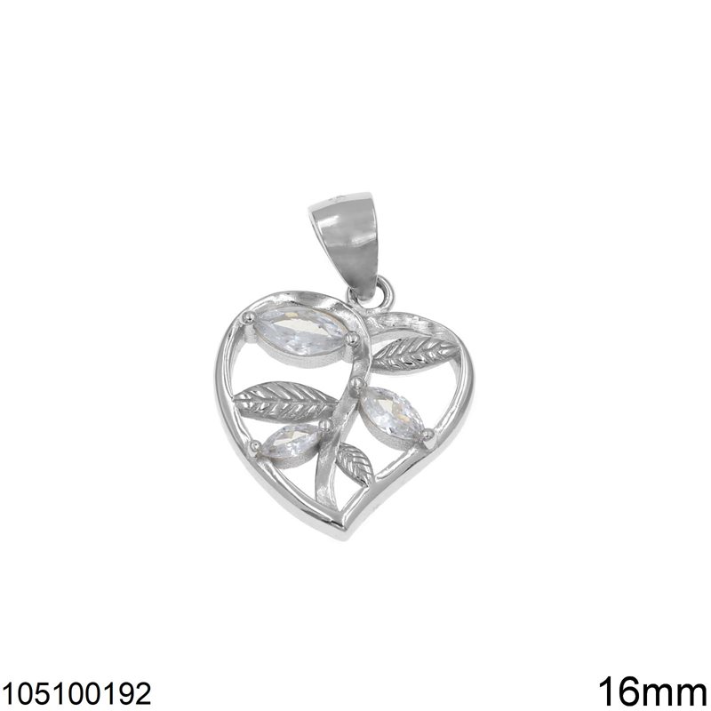 Silver 925 Pendant Heart with Navette Stones and Leaves 16mm