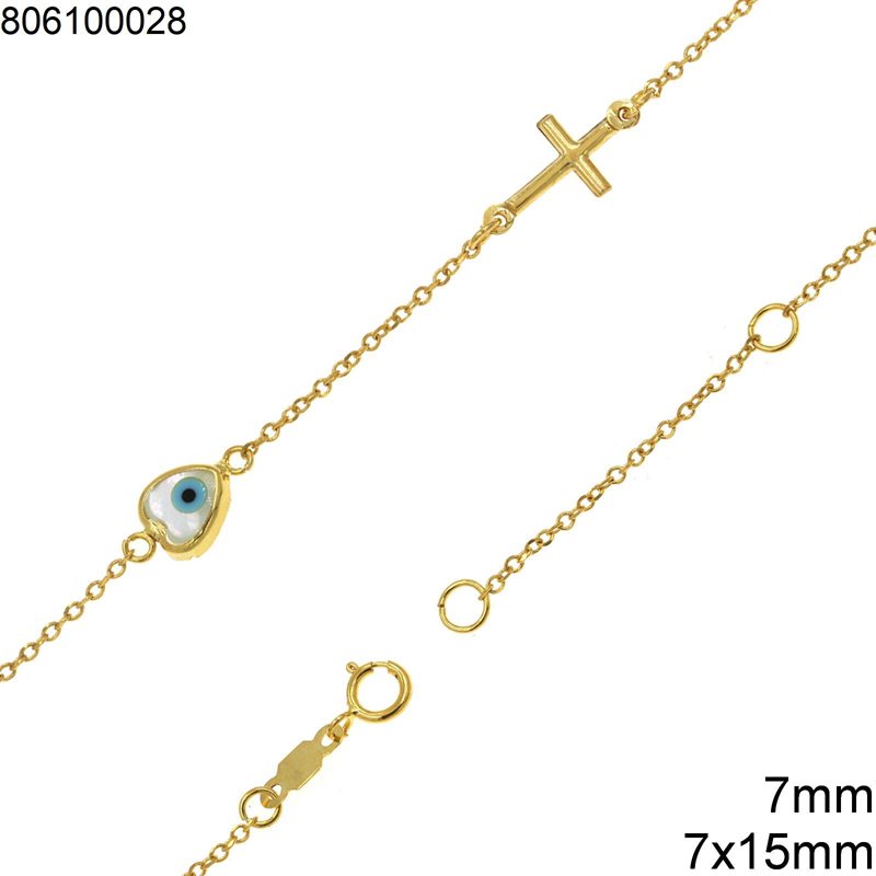 Gold Bracelet with Evil Eye Shell Heart 7mm and Cross 7x15mm K14 1.09gr