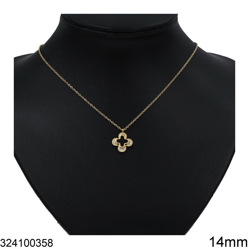 Stainless Steel Necklace Cross with Black Enamel and MOP 14mm, Gold