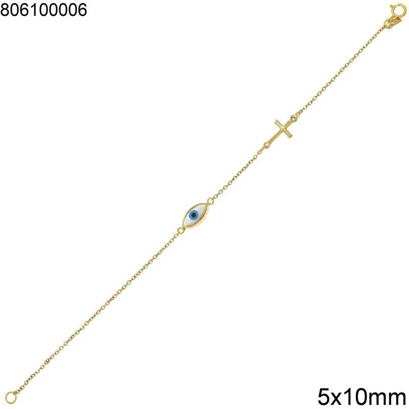 Βραχιόλι Χρυσό με Μάτι Φίλντισι 5x10mm και Σταυρό Κ9