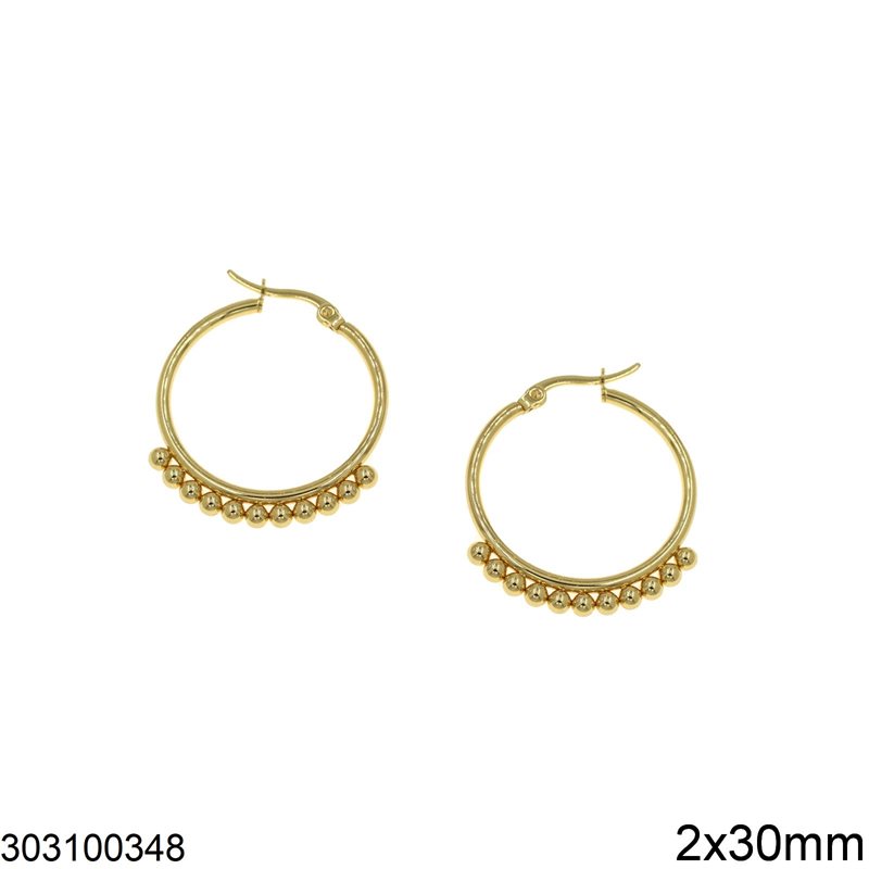 Stainless Steel Hoop Earrings 2x30mm with Balls 3mm, Gold