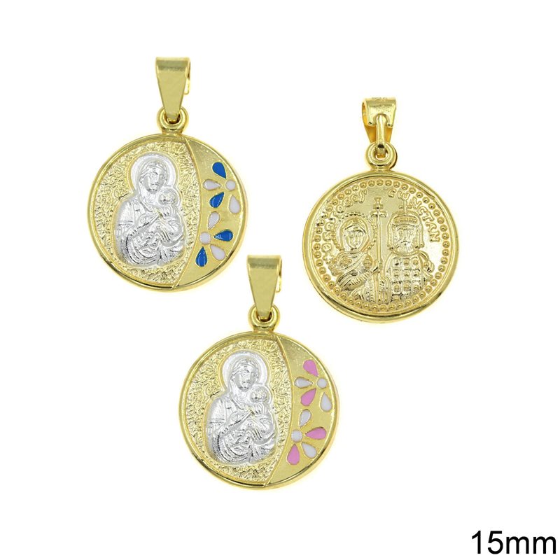 Silver 925 Constantinato Coin Holy Mary Hollow with Enamel 15mm