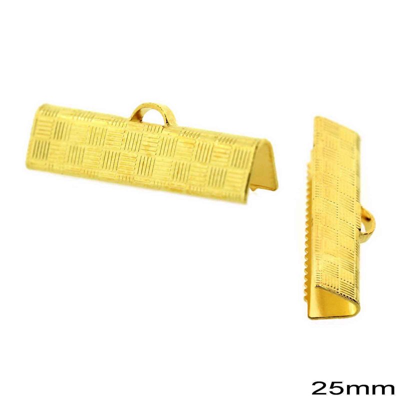 Brass Textured Rectangular Crimp End for Ribbon 25mm