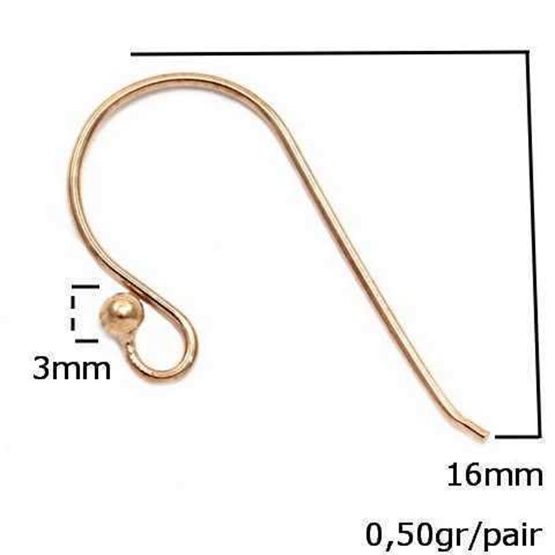 Silver 925 Earring Hook 16mm Thickness 1mm 0,50gr/pair Ball 3mm