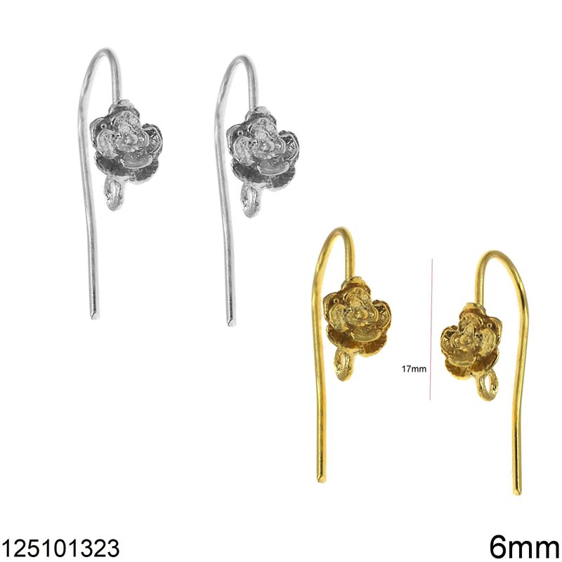 Silver 925 Earring Hook 17mm with Rose 6mm