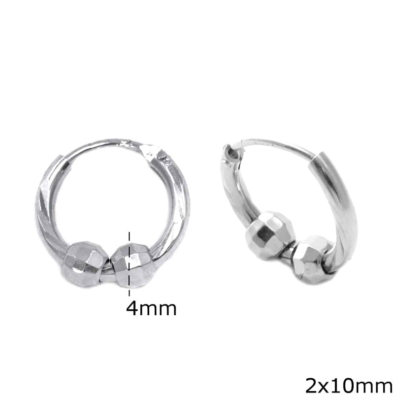 Silver 925 Diamond Cut Hoop Earrings  2x10mm with Ball 4mm