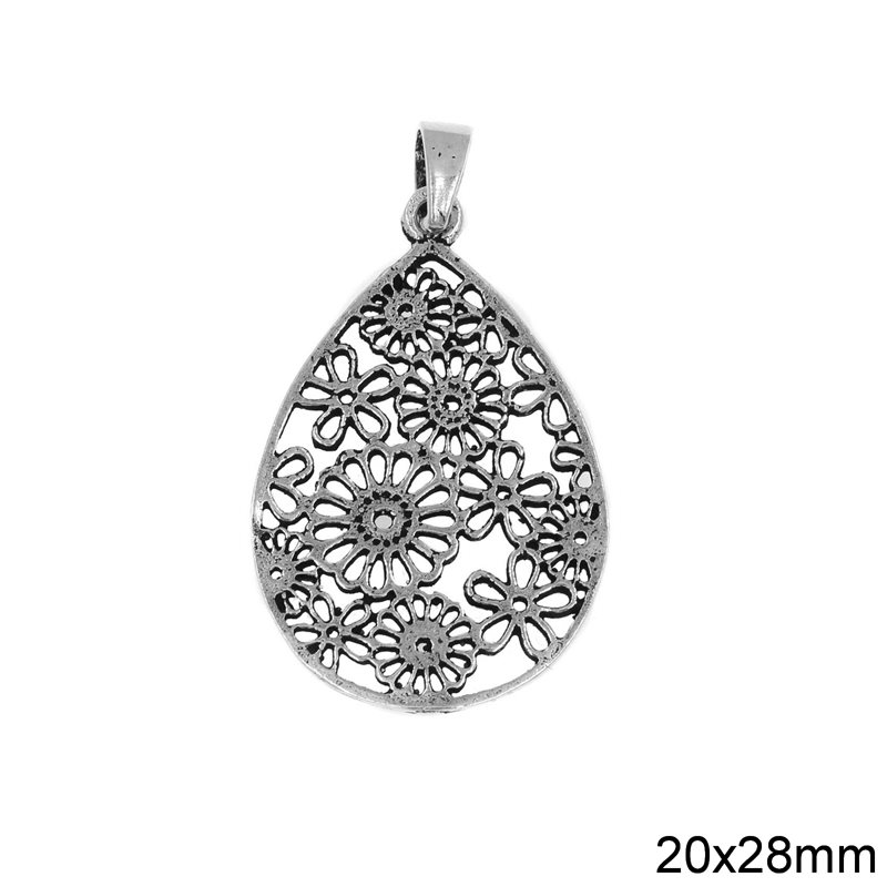 Silver 925 Pearshape Pendant with Flowers 20x28mm