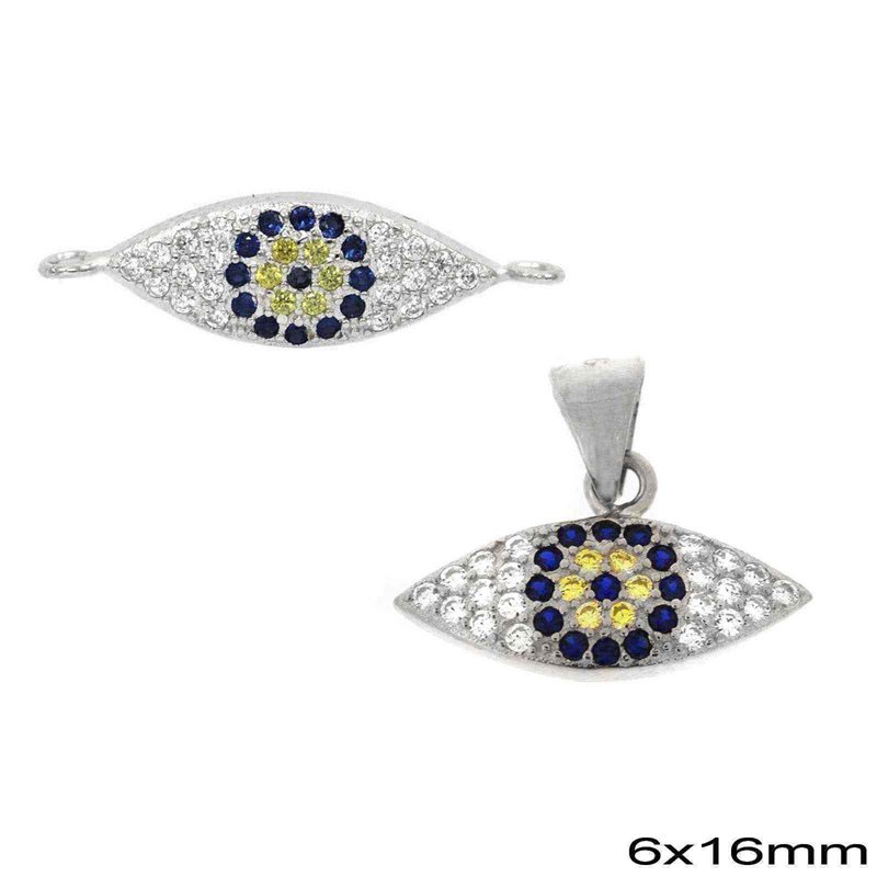 Silver 925 Spacer & Pendant Evil Eye with Zircon 6x16mm
