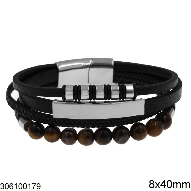 Stainless Steel Imitation Leathers Bracelet with Tag 8x40mm and Tiger Eye Beads 8mm