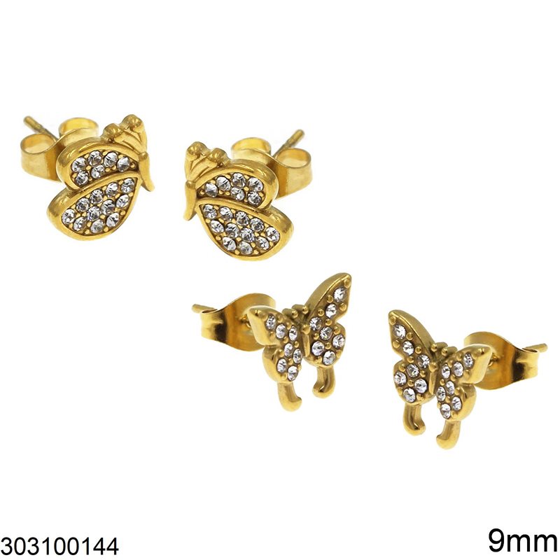 Stainless Steel Earrings Butterfly with Rhinestones 9mm