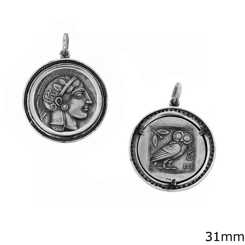 Silver 925 Pendant  Coin Goddess Athena 31mm