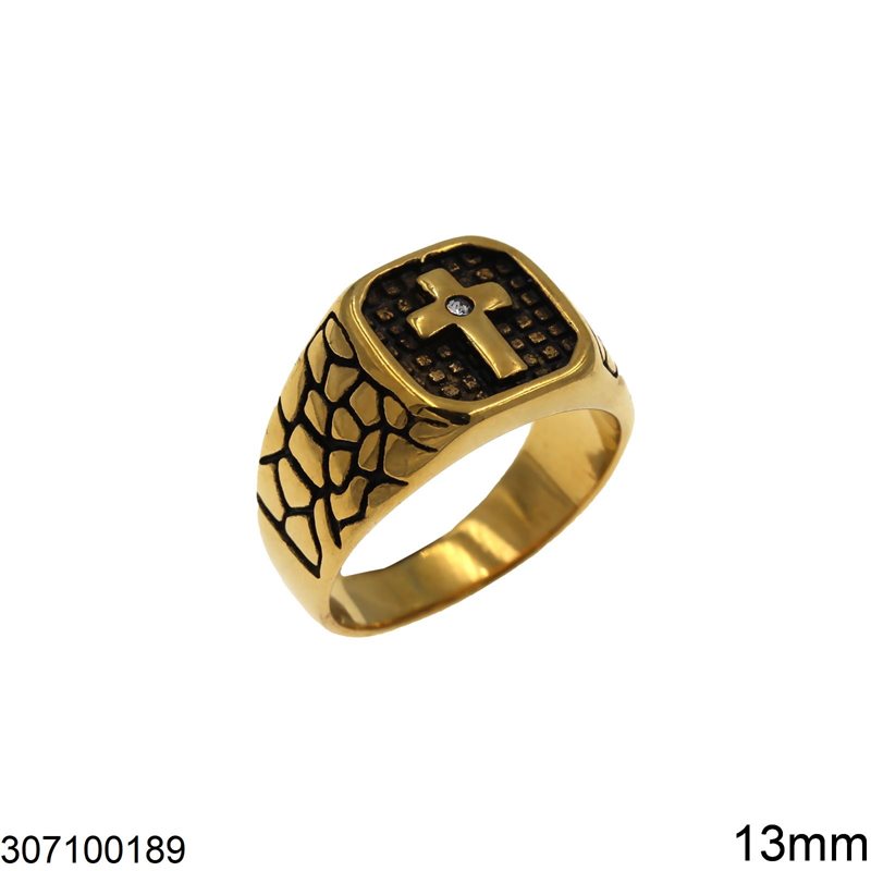 Stainless Steel Male Ring Square Base with Cross and Stone 13mm