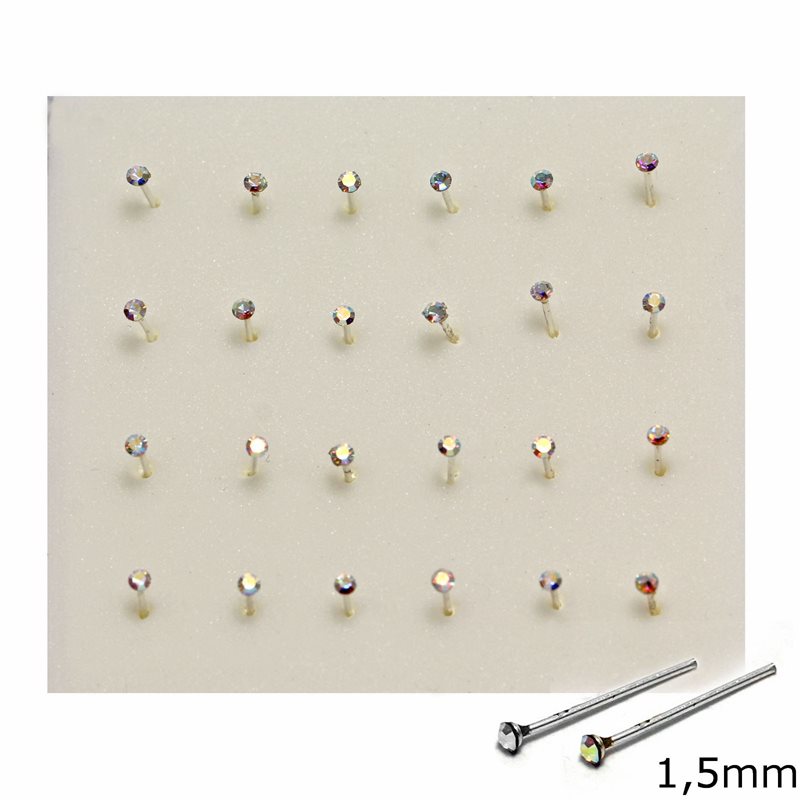 Silver 925 Nose Pin Stud with Rhinestone 1.5mm
