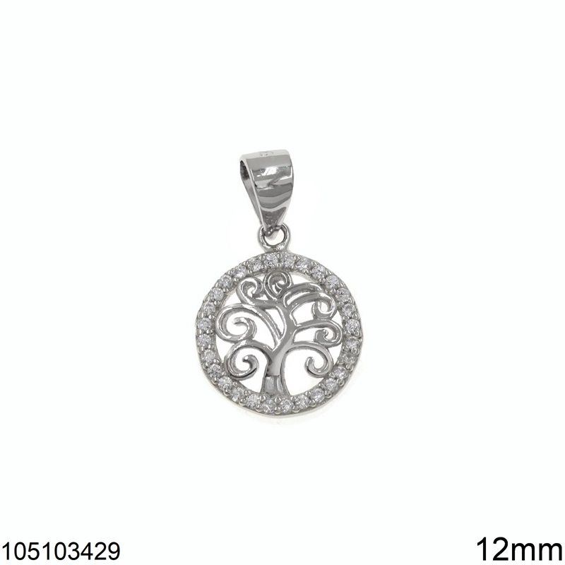 Silver 925 Pendant Tree of Life with Zircon 12mm, Rhodium plated